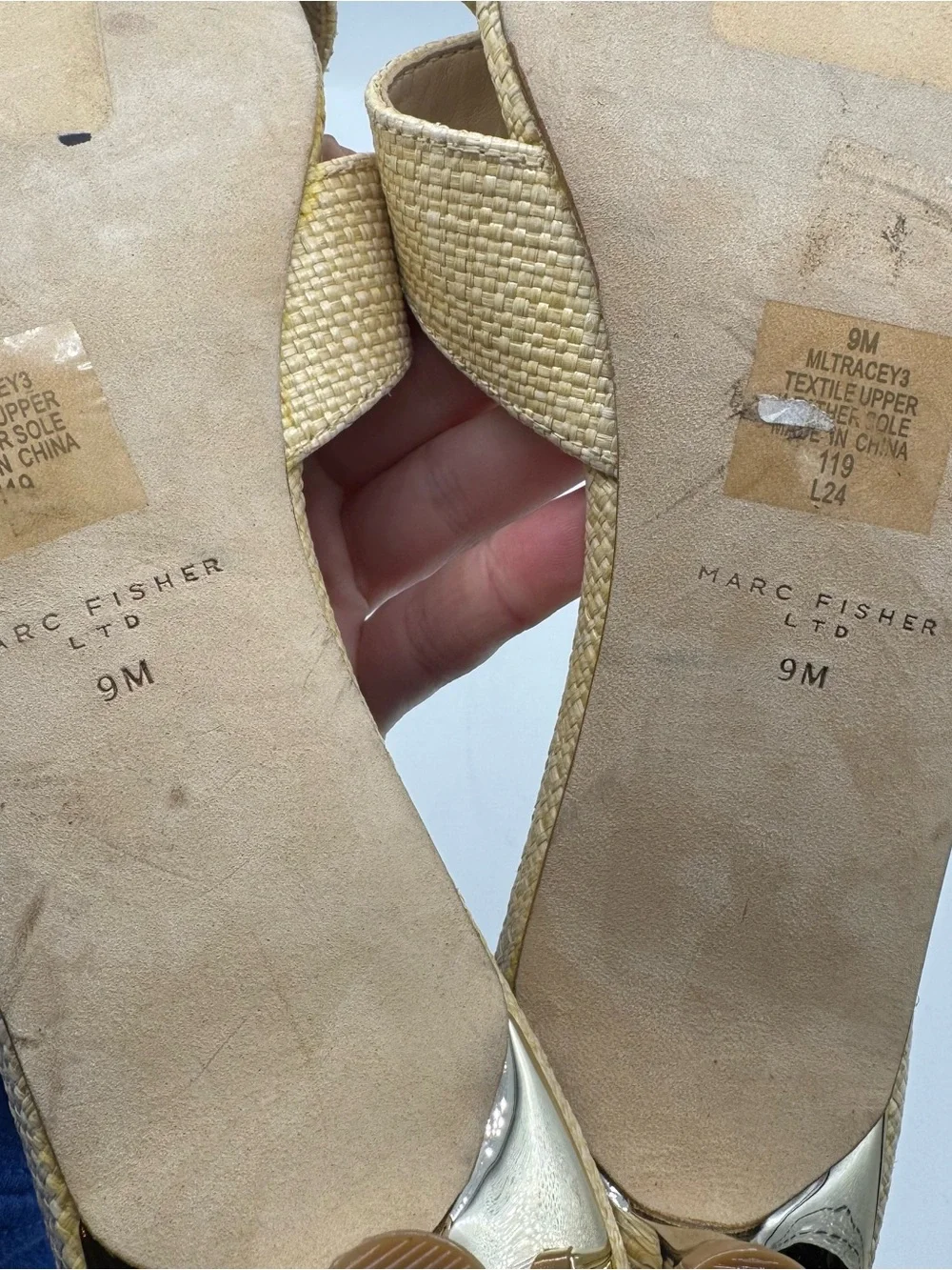 Marc Fisher Tracey Raffia Gold Kitten Heel Slide Sandal size 9 wedding event